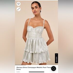 Lulus Glorious Shine Champagne Metallic Pearl Tiered Mini Dress